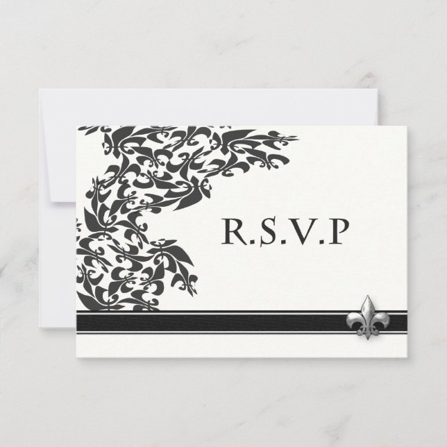Fleur de Lis Damask Pattern Wedding RSVP Card (Front)