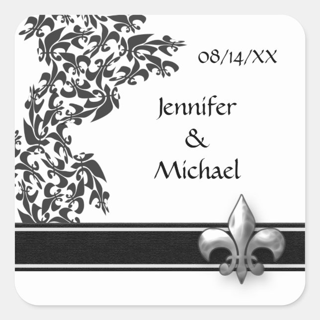 Fleur de Lis Damask Pattern Wedding Stickers (Front)