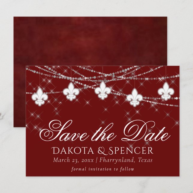 Fleur de Lis Dark Red Lights | Elegant Crimson Save The Date (Front/Back)