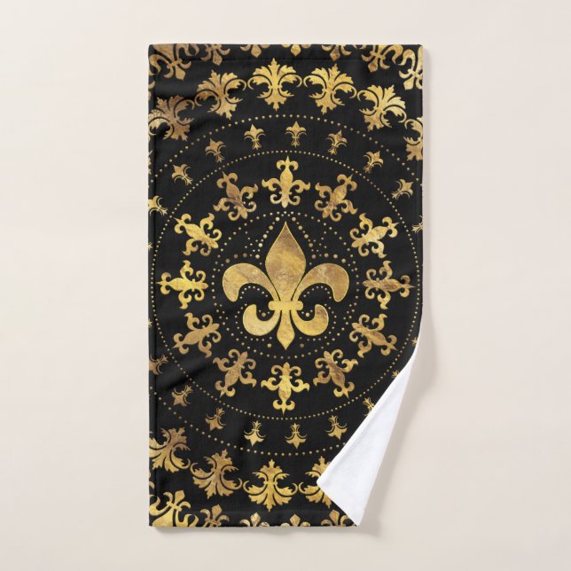 Fleur de lis - décoration circulaire - Or et noir (Serviette à main)