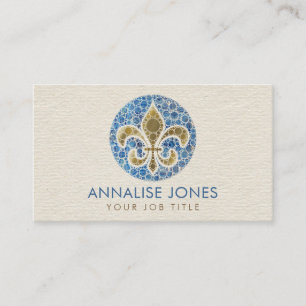 Fleur-de-lis  - Dot Art  Blue Marble and Gold Business Card