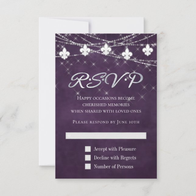 Fleur de Lis Eggplant Purple Lights | Moody Plum RSVP Card (Front)