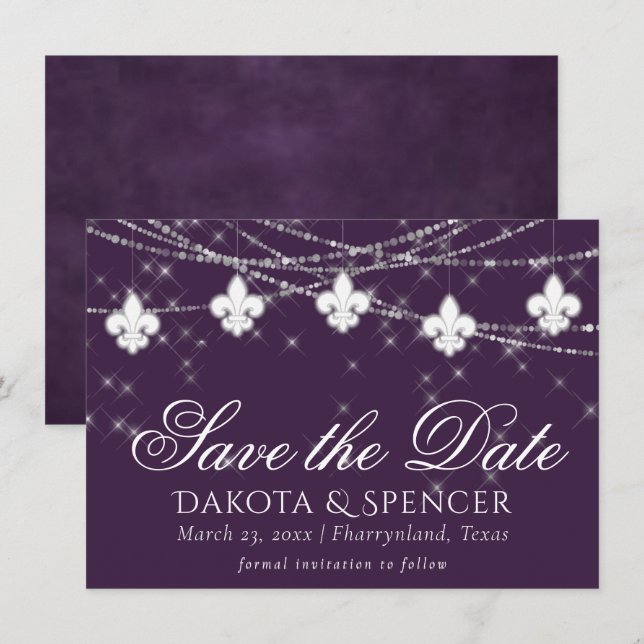 Fleur de Lis Eggplant Purple Lights | Moody Plum Save The Date (Front/Back)