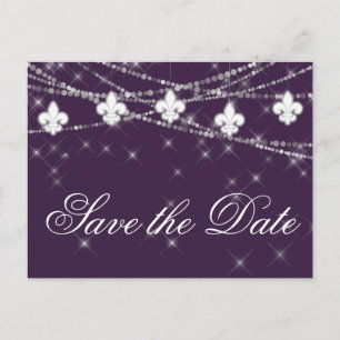 Fleur de Lis Eggplant Purple Lights   Plum Wedding Announcement Postcard