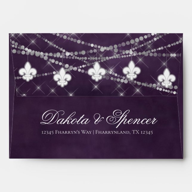 Fleur de Lis Eggplant Purple Lights Return Address Envelope (Back (Top Flap))