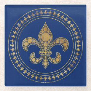 Fleur-de-lis - Gold and Royal Blue Glass Coaster