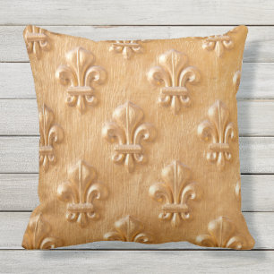 fleur de lis, gold painted wood wall, vintage wood outdoor pillow