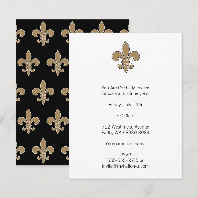 Fleur de Lis Gold with White and Black Outline Invitation (Front/Back)