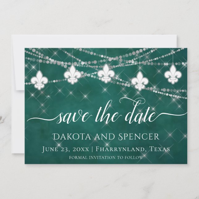 Fleur de Lis Green Lights | Bold Themed Wedding Save The Date (Front)