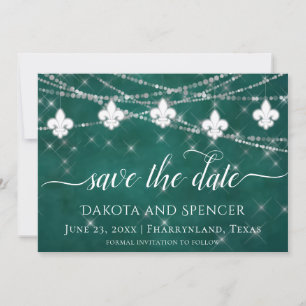 Fleur de Lis Green Lights Bold Themed Wedding Save The Date