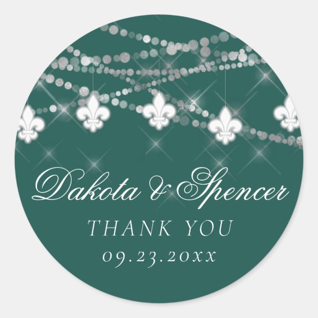 Fleur de Lis Green Lights | Moody Dark Wedding Classic Round Sticker (Front)