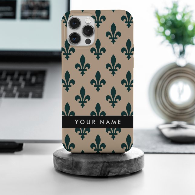 Fleur de Lis, Green on Beige, Royal, Your Name iPhone Case (Creator Uploaded)