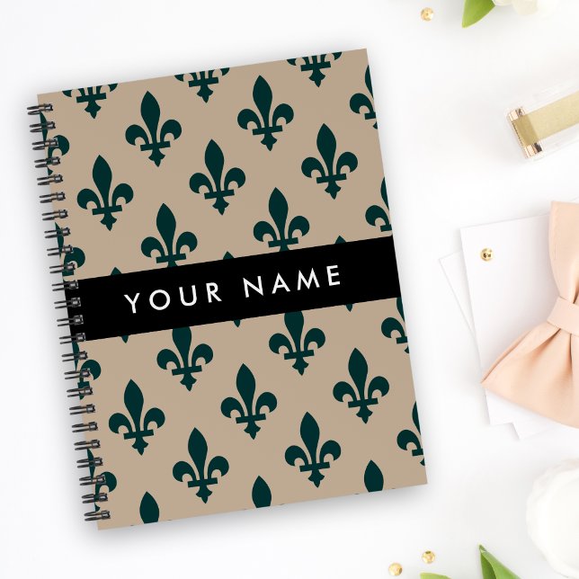 Fleur de Lis, Green on Beige, Royal, Your Name Planner (Creator Uploaded)
