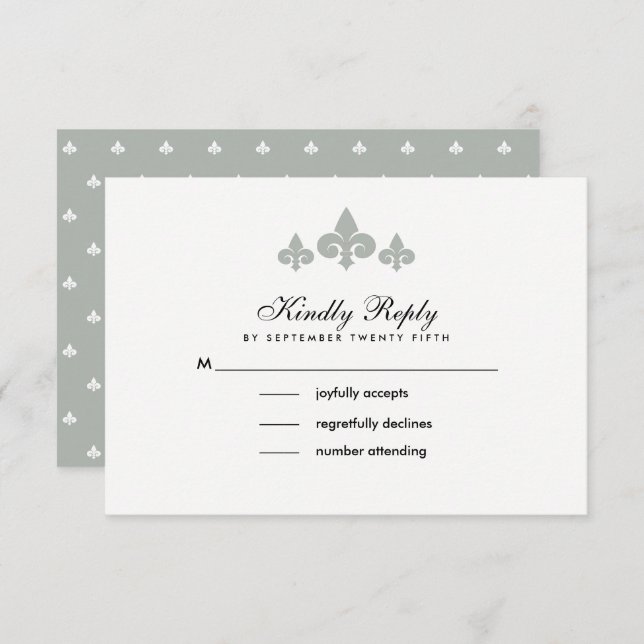 Fleur-de-lis Grey White Wedding RSVP Cards (Front/Back)