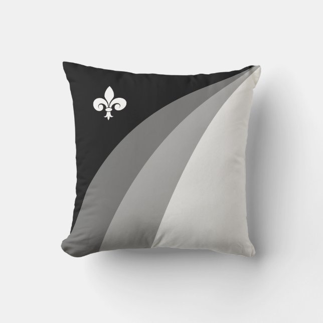 Fleur de lis in grey, black & white waves throw pillow (Front)