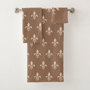 Fleur de Lis in Light Beige on Taupe Tan Bath Towel Set