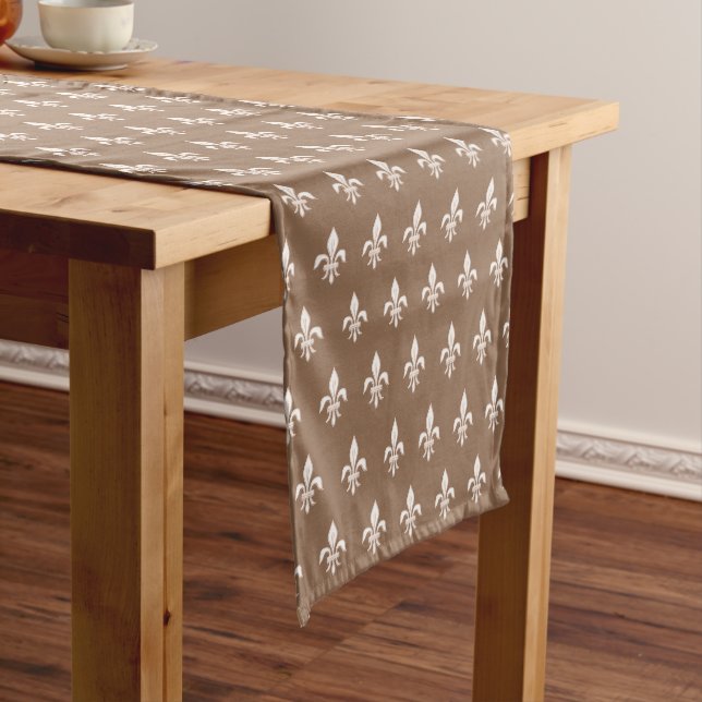 Fleur de Lis in Light Beige on Taupe Tan  Short Table Runner (In Situ)