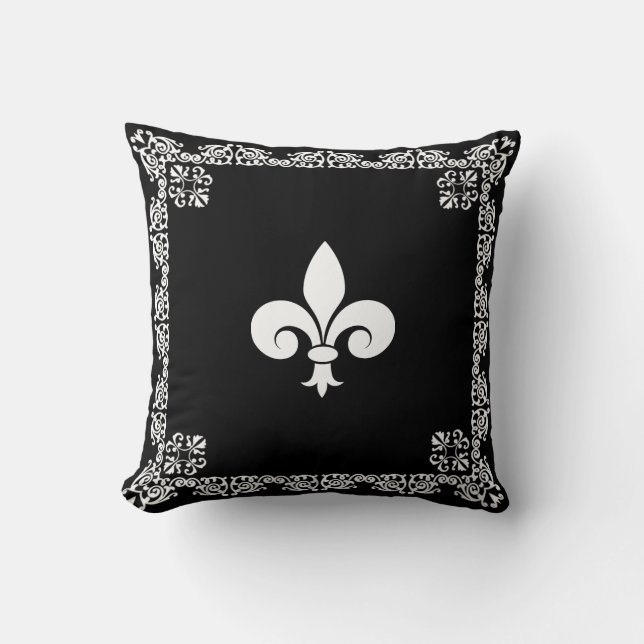 Fleur de Lis in White & Frame on Black Throw Pillow (Front)