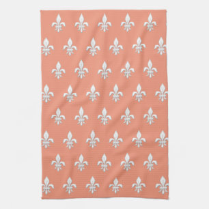 Fleur de Lis in White on Light Coral Pink / Peach Kitchen Towel
