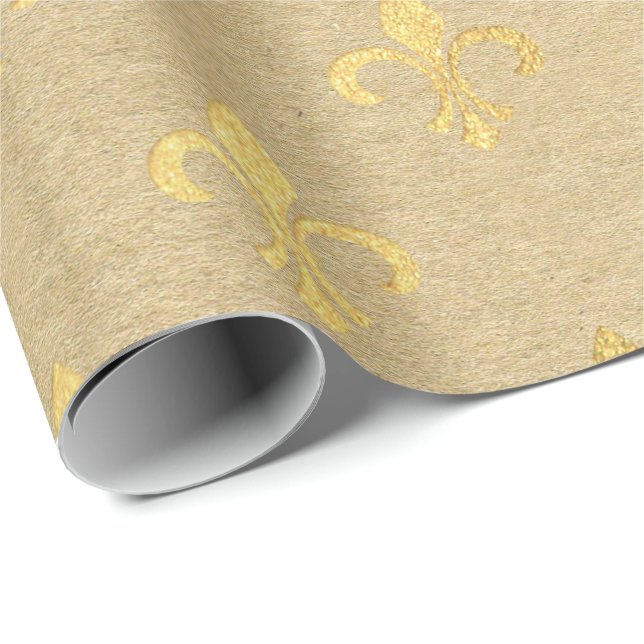 Fleur de Lis Kraft Gold Natural Royal Minimal Wrapping Paper (Roll Corner)