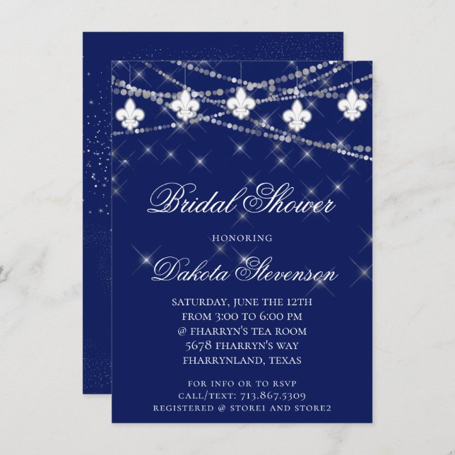 Fleur de Lis Lights | Blue Mardi Gras Theme Shower Invitation (Front/Back)