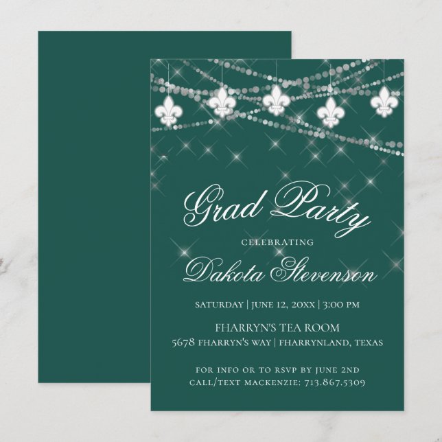 Fleur de Lis Lights | Green Theme Graduation Party Invitation (Front/Back)