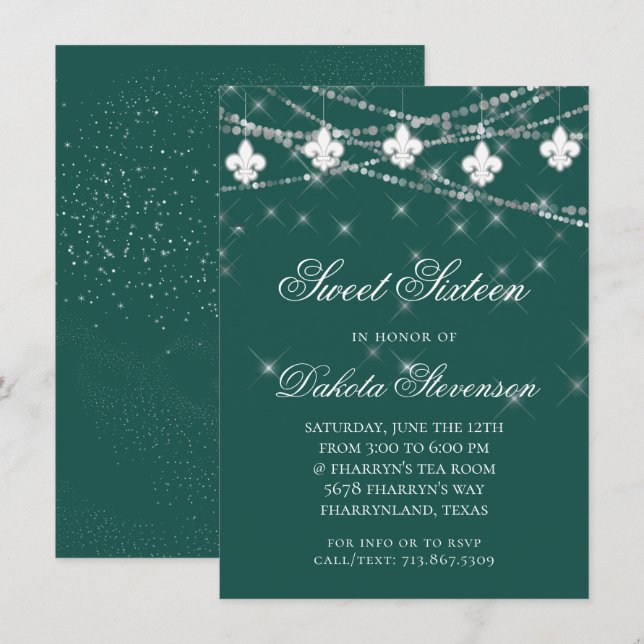 Fleur de Lis Lights | Green Theme Sweet Sixteen Invitation (Front/Back)