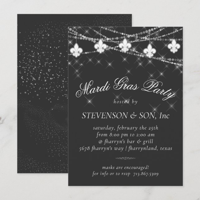 Fleur de Lis Lights | Minimal Grey Mardi Gras Invitation (Front/Back)