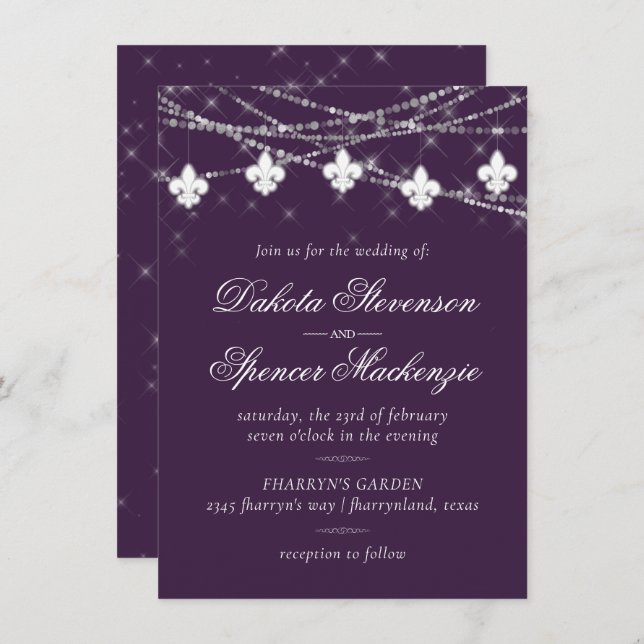 Fleur de Lis Lights | Purple Moody Theme Wedding Invitation (Front/Back)