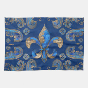 Fleur-de-lis luxury ornament - blue marble kitchen towel