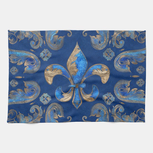Fleur-de-lis luxury ornament - blue marble kitchen towel (Horizontal)