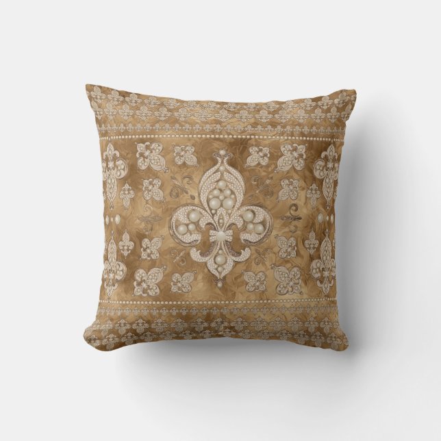 Fleur-de-lis luxury pearl and gold ornament throw pillow (Front)