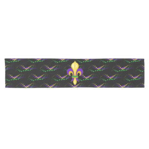 Fleur de Lis Mardi Gras Beads Black Table Runner