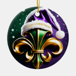 Fleur De Lis Merry Christmas Design Ceramic Ornament