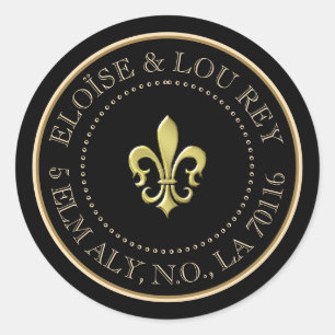 Fleur de Lis Metallic Gold Black Return Address Classic Round Sticker