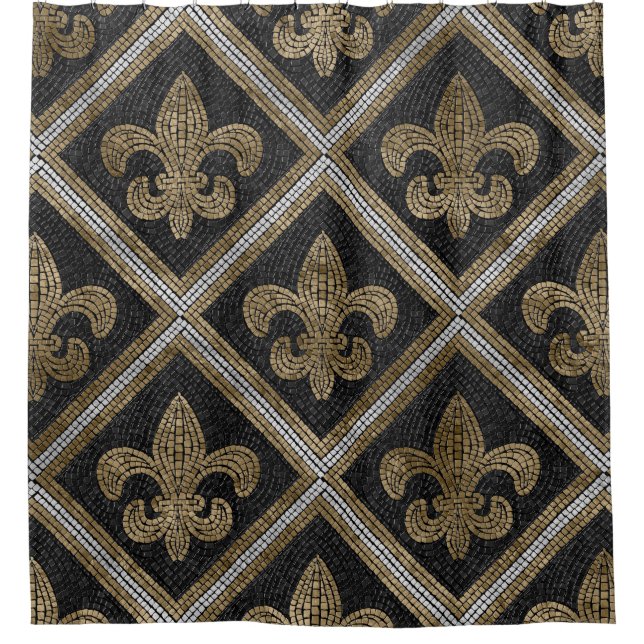 Fleur-de-lis mosaic tile pattern black and gold (Front)