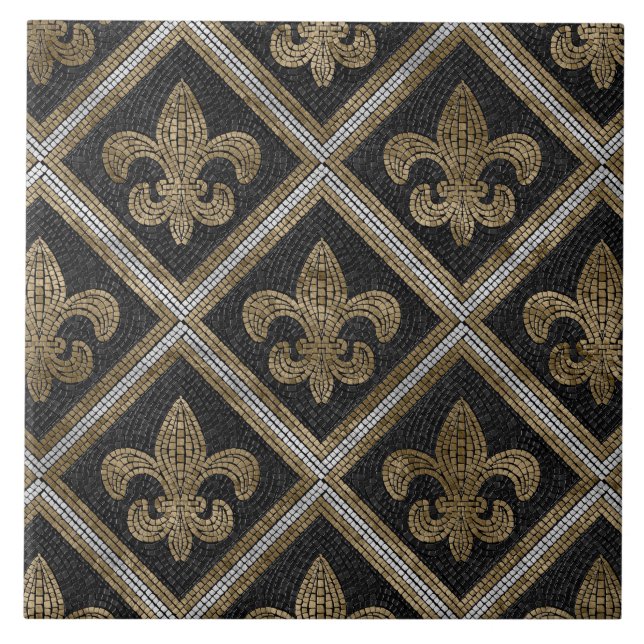 Fleur-de-lis mosaic tile pattern black and gold (Front)