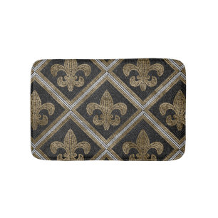 Fleur-de-lis mosaic tile pattern black and gold bath mat