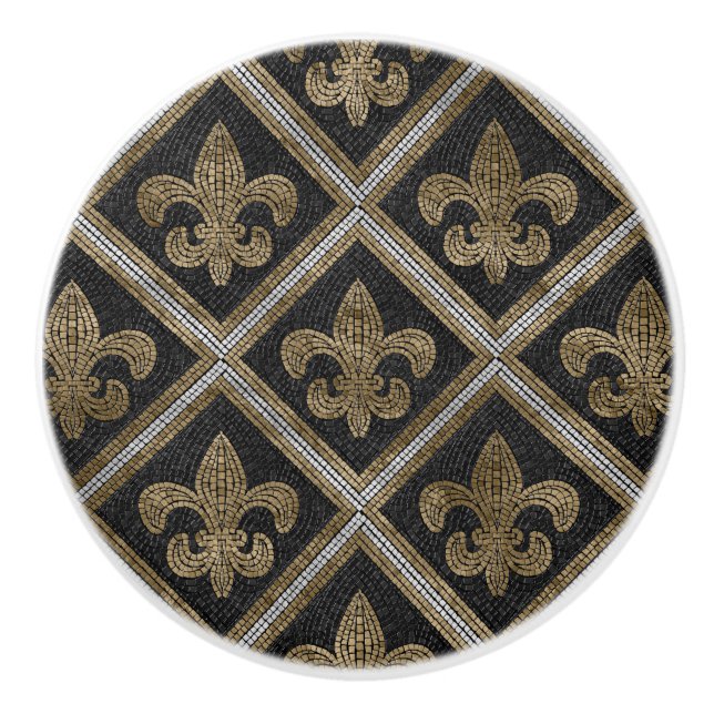 Fleur-de-lis mosaic tile pattern black and gold ceramic knob (Front)