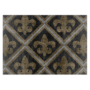Fleur-de-lis mosaic tile pattern black and gold cutting board