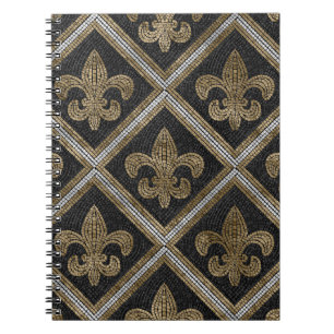 Fleur-de-lis mosaic tile pattern black and gold notebook