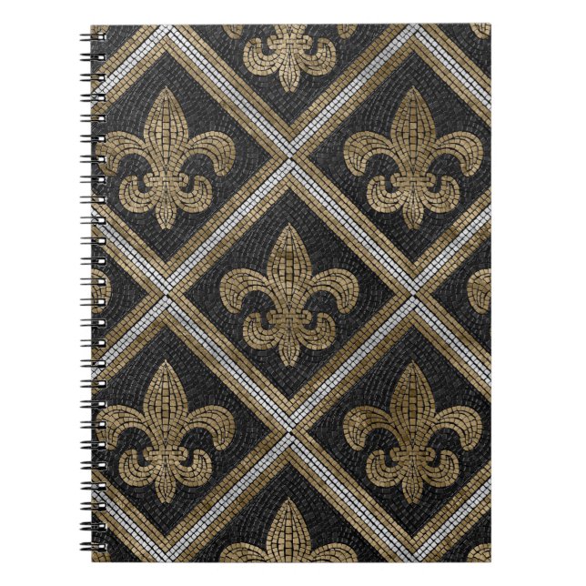 Fleur-de-lis mosaic tile pattern black and gold notebook (Front)