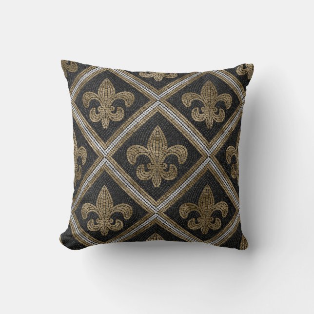 Fleur-de-lis mosaic tile pattern black and gold throw pillow (Front)