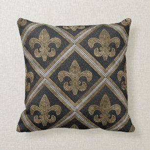 Fleur-de-lis mosaic tile pattern black and gold throw pillow