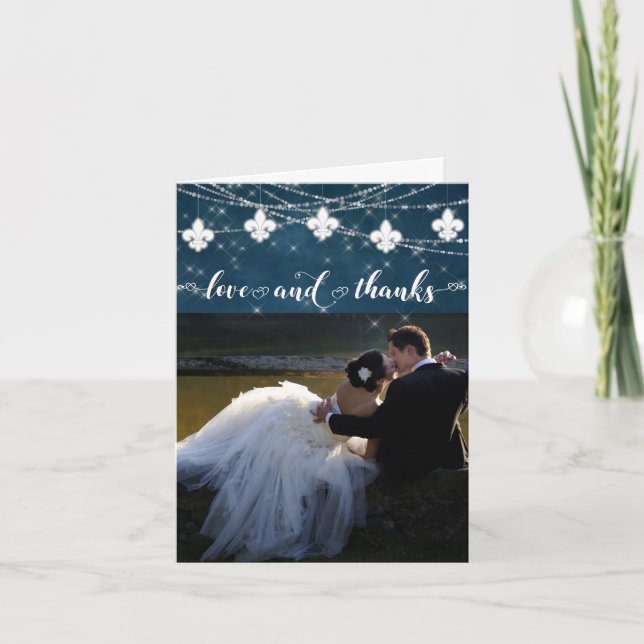 Fleur de Lis Navy Blue Lights | Photo Love and Thank You Card (Front)