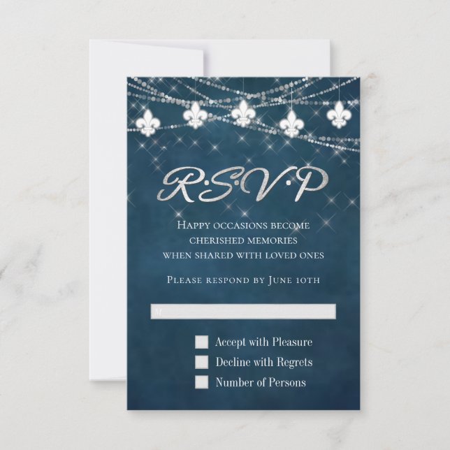 Fleur de Lis Navy Blue Lights | Rustic Boho Chic RSVP Card (Front)