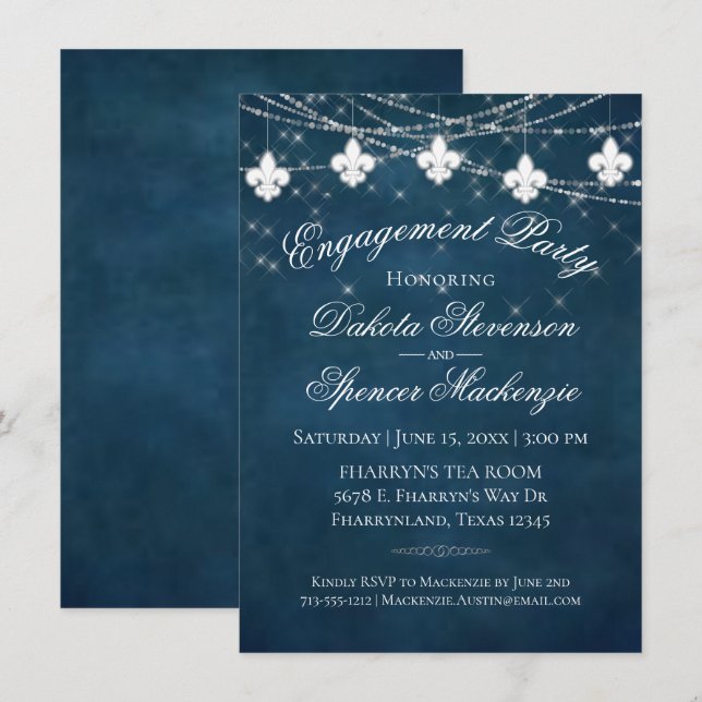 Fleur de Lis Navy Blue Lights | Rustic Engagement Invitation (Front/Back)