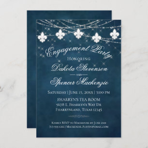 Fleur de Lis Navy Blue Lights Rustic Engagement Invitation