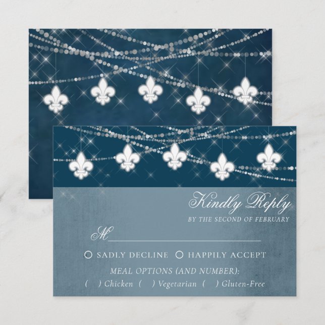 Fleur de Lis Navy Blue Lights | Rustic Meal Choice RSVP Card (Front/Back)