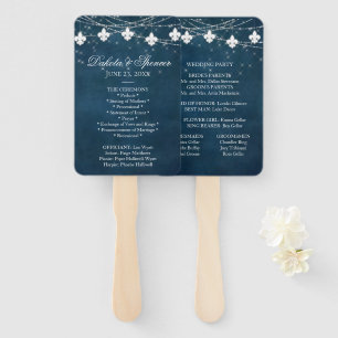 Fleur de Lis Navy Blue Lights   Rustic Program Hand Fan